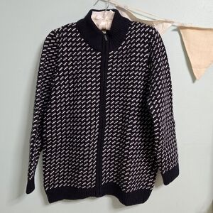 LL Bean Full Zip Cardigan Sweater 100% Wool Apres Ski Norway Fisherman L
